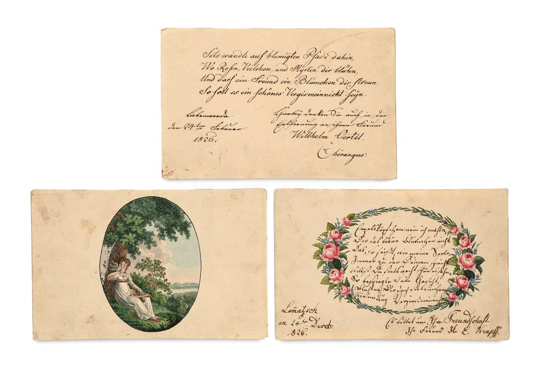 Sammlung von 58 Stammbuchblättern mit 40 Einträgen, 11 aquarellierten Zeichnungen, 12 kol. (1 of 1)