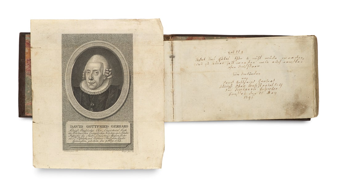 Stammbuch des Johann Gottlieb Kirchner mit aquarelliertem gezeichneten Titelblatt, 96 Einträgen: Liber amicorum - Schlesien Stammbuch des Johann Gottlieb Kirchner mit aquarelliertem gezeichneten Titelblatt, 96 Einträgen u.a. von Lehrern, Seminaristen und Adjuvanten Breslauer Lehrerseminare, 