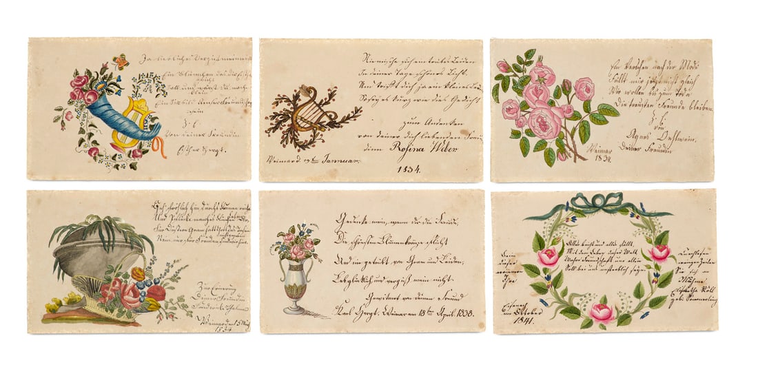 Sammlung von 50 Stammbuchblättern mit 49 Einträgen, 1 kol. Kupferstich u. 12 (10 (1 of 2)