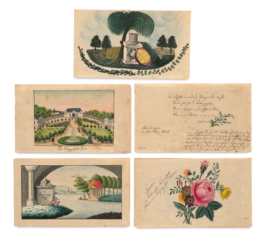 Stammbuch mit 51 Einträgen, 7 Aquarellen, 3 kol. Kupferstichen, 1 kol. Lithographie sowie 2 (1 of 2)