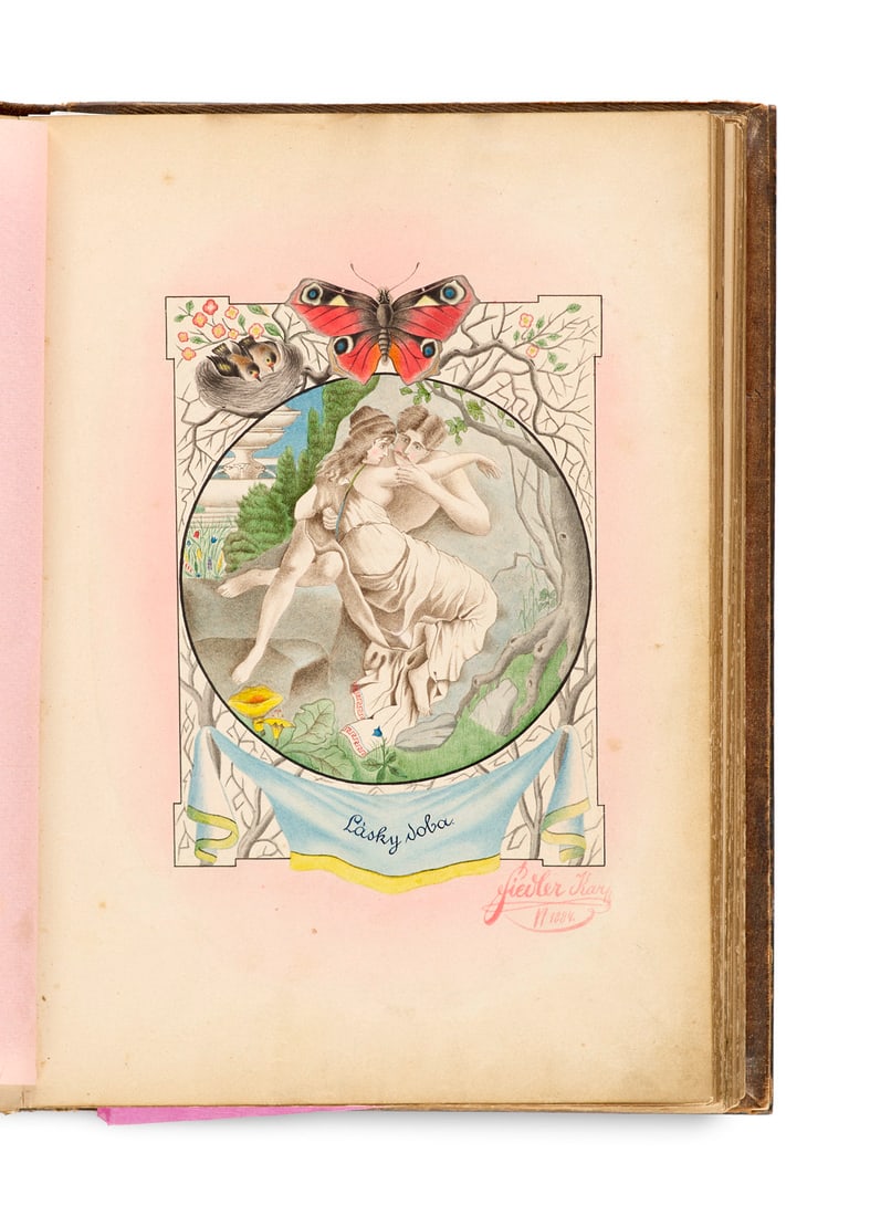 Stammbuch mit ca. 100 Einträgen und 28 tls. goldgehöhten Initialen, Aquarellen, feinen (1 of 4)