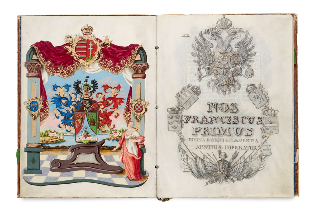 Franz I, Kaiser Adelsdiplom für Lazarus Illits. Prachturkunde in Latein auf Pergament mit: ÖsterreichFranz I, KaiserAdelsdiplom für Lazarus Illits. Prachturkunde in Latein auf Pergament mit eigenhändiger Unterschrift des Kaisers, blattgroßer figürlich-heraldischer G