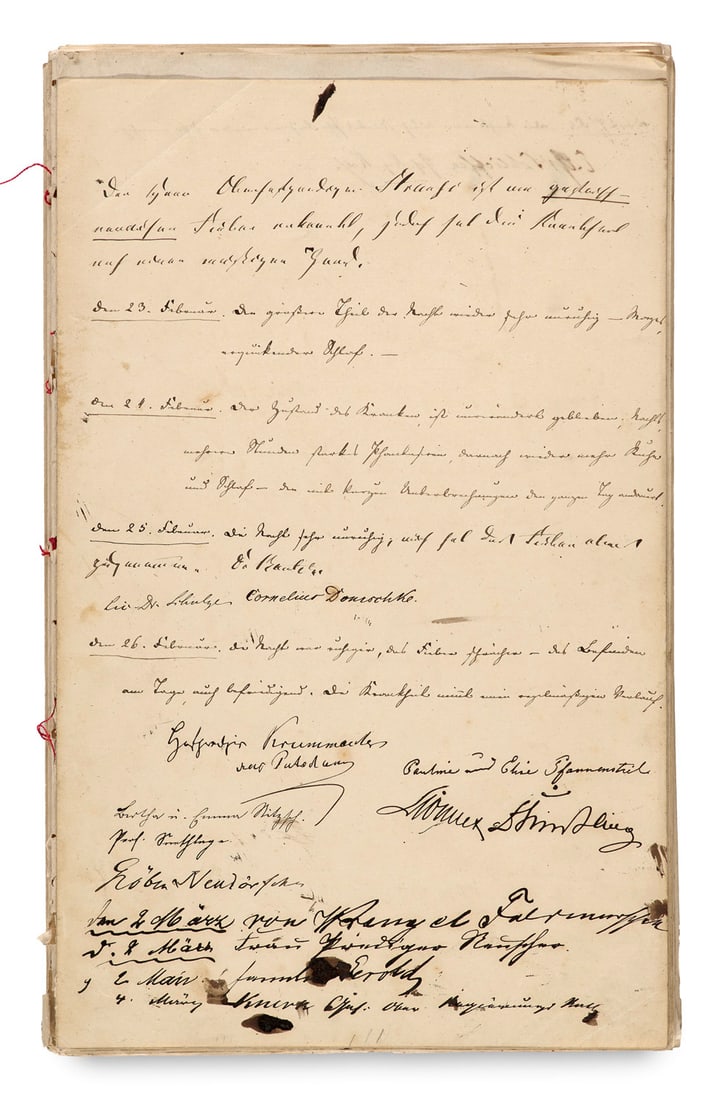 Krankenakte des von einem Fieber befallenen Hofpredigers Friedrich Strauß (1786-1879) mit: Preußen Krankenakte des von einem Fieber befallenen Hofpredigers Friedrich Strauß (1786-1879) mit zahlreichen Unterschriften von Mitgliedern des Königshauses u.v.a. Adeligen. Berlin, Fe