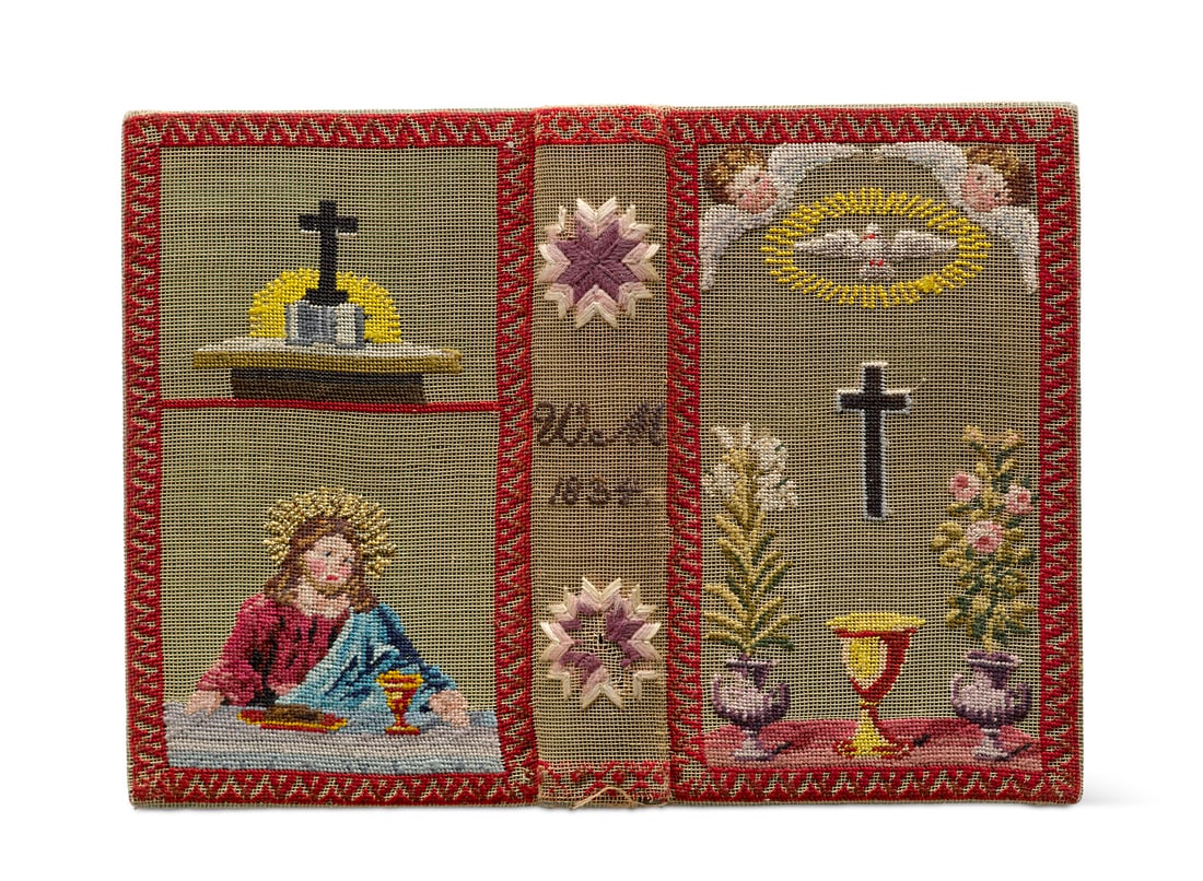 Mit christlichen Symbolen bunt bestickter Einband. Lwd. d. Zt. mit dreis. Goldschnitt (Deckelecken (1 of 2)