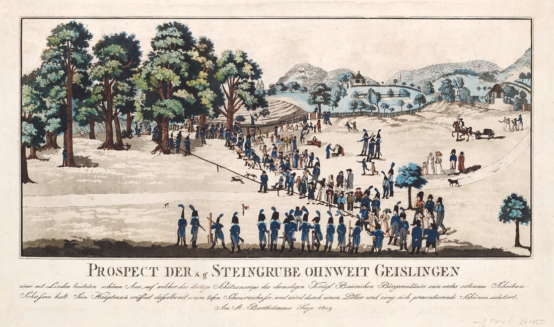 Prospect der s.g. Steingrube ohnweit Geislingen. Seltenens Ereignisblatt. Handkolorierter: Militaria Prospect der s.g. Steingrube ohnweit Geislingen. Seltenens Ereignisblatt. Handkolorierter Kupferstich. Um 1809. Blattmaße 30 x 50 cm. Verso im oberen Rand auf Unterlage und unter Passep