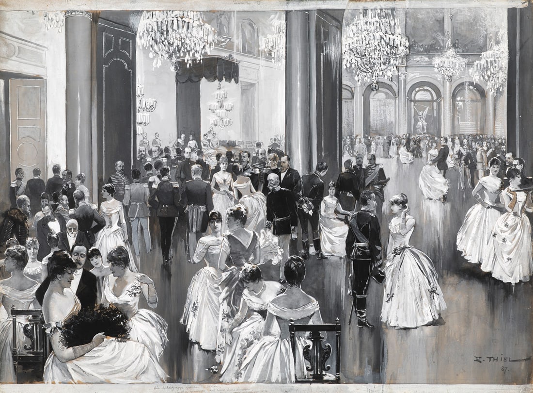 Thiel, Ewald Der Hofball im Königlichen Schlosse zu Berlin am 03. Februar. 1887. Weiß: PreußenThiel, EwaldDer Hofball im Königlichen Schlosse zu Berlin am 03. Februar. 1887. Weißgehöhte Gouache auf Velin. 43,5 x 59,5 cm. Auf Karton aufgezogen. Signiert und datiert.Pr