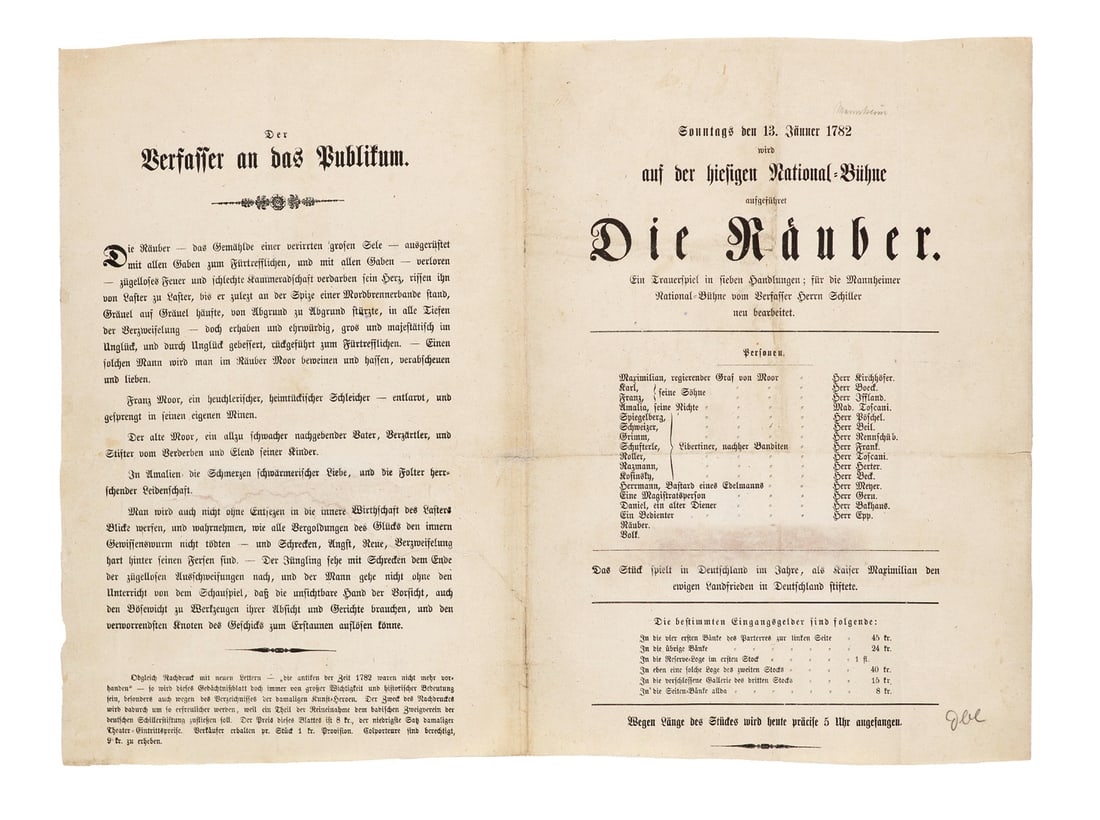 Theaterzettel zur Uraufführung des Theaterstücks "Die Räuber" von Friedrich Schiller (1 of 1)