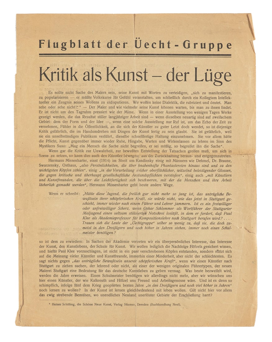 Schlemmer, Oskar Flugblatt der Üecht-Gruppe. Kritik als Kunst - der Lüge. Stuttgart, 15.: Avantarde - BauhausSchlemmer, OskarFlugblatt der Üecht-Gruppe. Kritik als Kunst - der Lüge. Stuttgart, 15. November 1919. 29 x 22,5 cm.Flugblatt mit Text des deutschen Künstlers und Mit