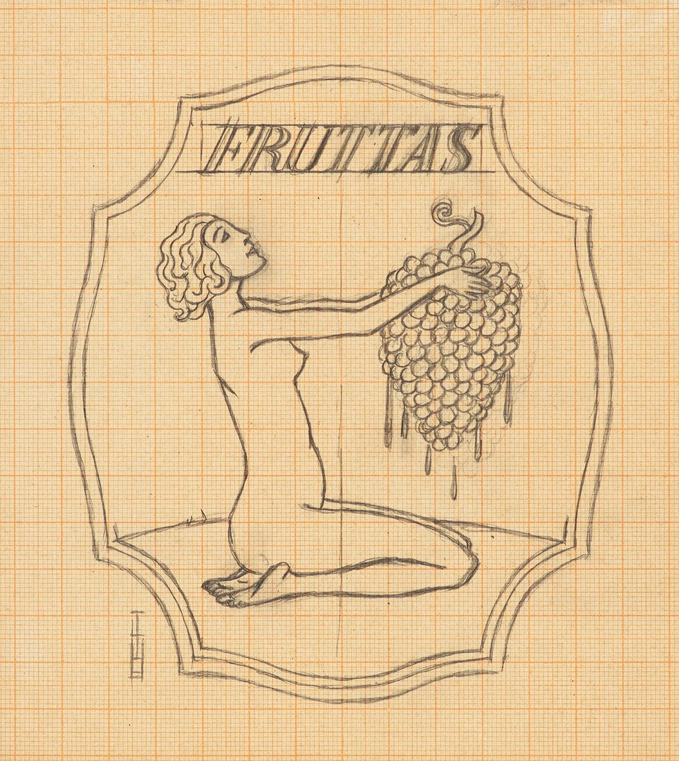 Heine, Thomas Theodor Fruttas. Bleistiftzeichnung auf Millimeterpapier. 17 x 15 cm Sichtmaß.: Heine, Thomas TheodorFruttas. Bleistiftzeichnung auf Millimeterpapier. 17 x 15 cm Sichtmaß. Unter Glas gerahmt. Ungeöffnet. Monogrammiert.Zeichnung einer unbekleideten Frau, eine Weinrebe ha