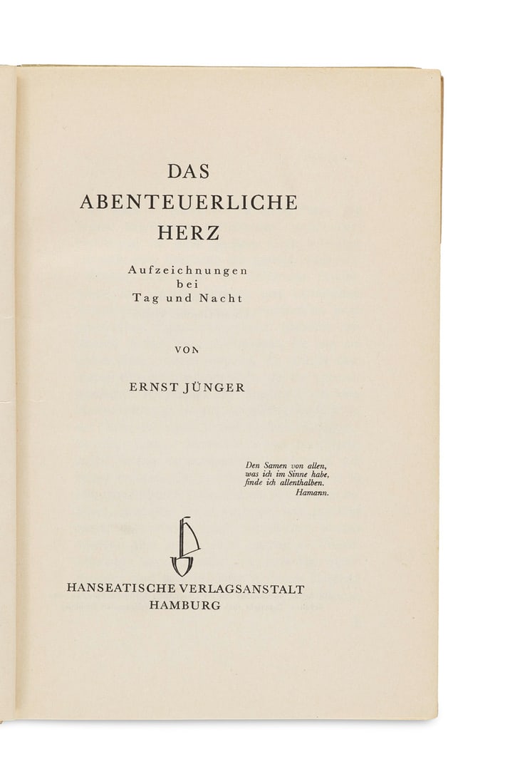 Jünger, Ernst Das abenteuerliche Herz. Aufzeichnungen bei Tag und Nacht. Hamburg, Hanseat. (1 of 1)