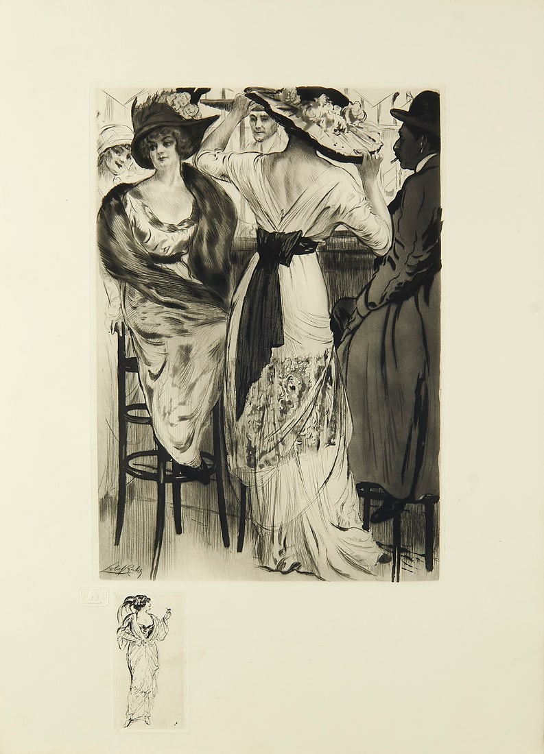 Lobel-Riche, Almery Paris. Moeurs, Costumes & Attitudes 1912-1913. I. Les Bars. Mit gestoch.: JugendstilLobel-Riche, AlmeryParis. Moeurs, Costumes & Attitudes 1912-1913. I. Les Bars. Mit gestoch. Titelvignette und 10 in der Platte signierten Kaltnadelradierungen von Lobel-Riche. Paris, Soc. d.