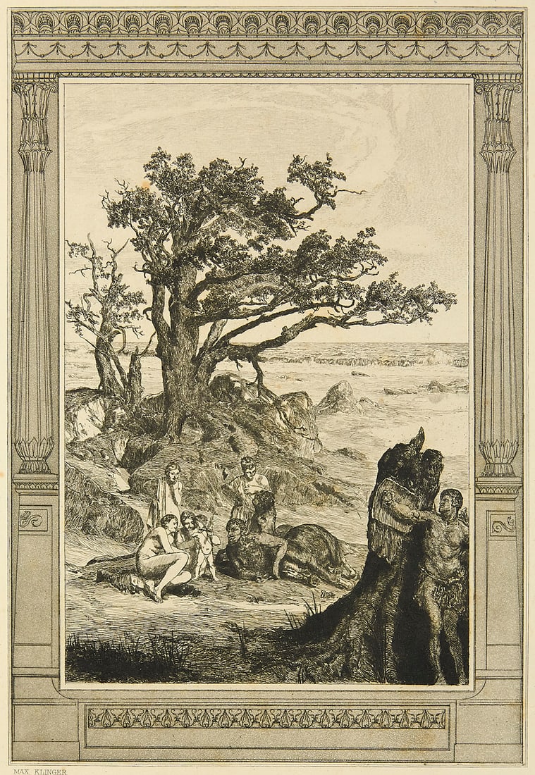 Klinger, Max Radierungen zu Apulejus Märchen Amor und Psyche. Opus Va. Mappe I mit 15: Klinger, MaxRadierungen zu Apulejus Märchen Amor und Psyche. Opus Va. Mappe I mit 15 Original-Radierungen. München, Theo Stroefer´s Kunstverlag, 1880. Folio. 15 lose Blatt in OHLwd.-Map