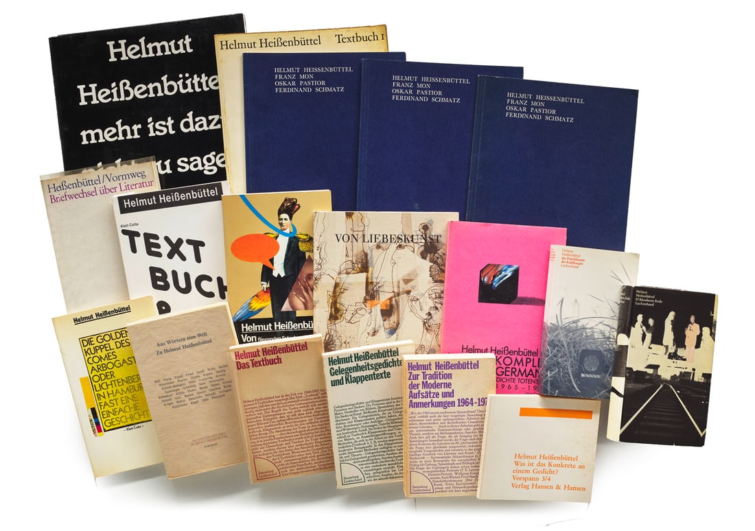 Heissenbüttel, Helmut Sammlung von 16 Ausgaben in 18 Exemplaren, darunter 3 vom Autor gewidmete: Konkrete und visuelle PoesieHeissenbüttel, HelmutSammlung von 16 Ausgaben in 18 Exemplaren, darunter 3 vom Autor gewidmete bzw. signierte Exemplare, eine Anthologie zu Heissenbüttels 60. Geb
