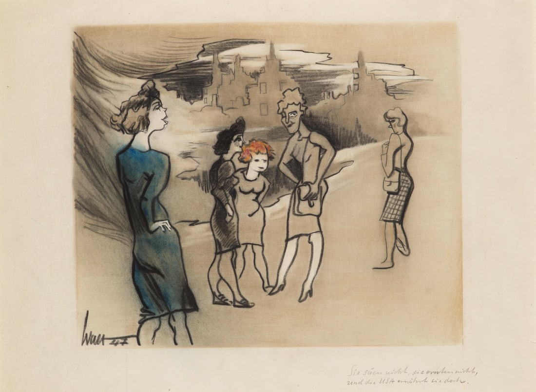 O. T. ("Sie säen nicht, sie ernten nicht...") 1947. Bleistift und Buntstift Zeichnung. 30 x 40: O. T. ("Sie säen nicht, sie ernten nicht...") 1947. Bleistift und Buntstift Zeichnung. 30 x 40 cm. Signiert "Walt 47".Fünf Frauen stehen vor eine ruinenhaften Kulisse im Hintergrund. Drei si