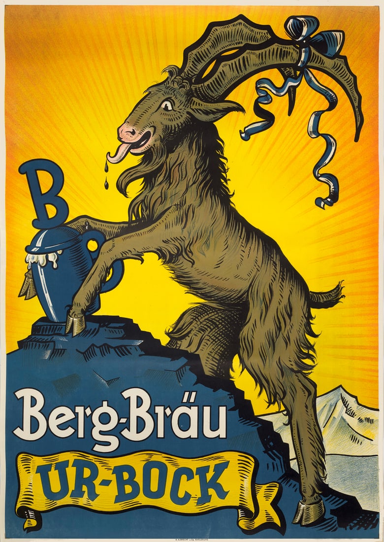 Berg-Bräu Ur Bock. Deutsch, um 1930. Farblithographie auf Velin. 98 x 68 cm (100 x 70 cm).: Plakate Berg-Bräu Ur Bock. Deutsch, um 1930. Farblithographie auf Velin. 98 x 68 cm (100 x 70 cm). Unten am rechten Rand mit minimalen Einrissen, leichte, horizontale Knickspuren im Blatt. Insges
