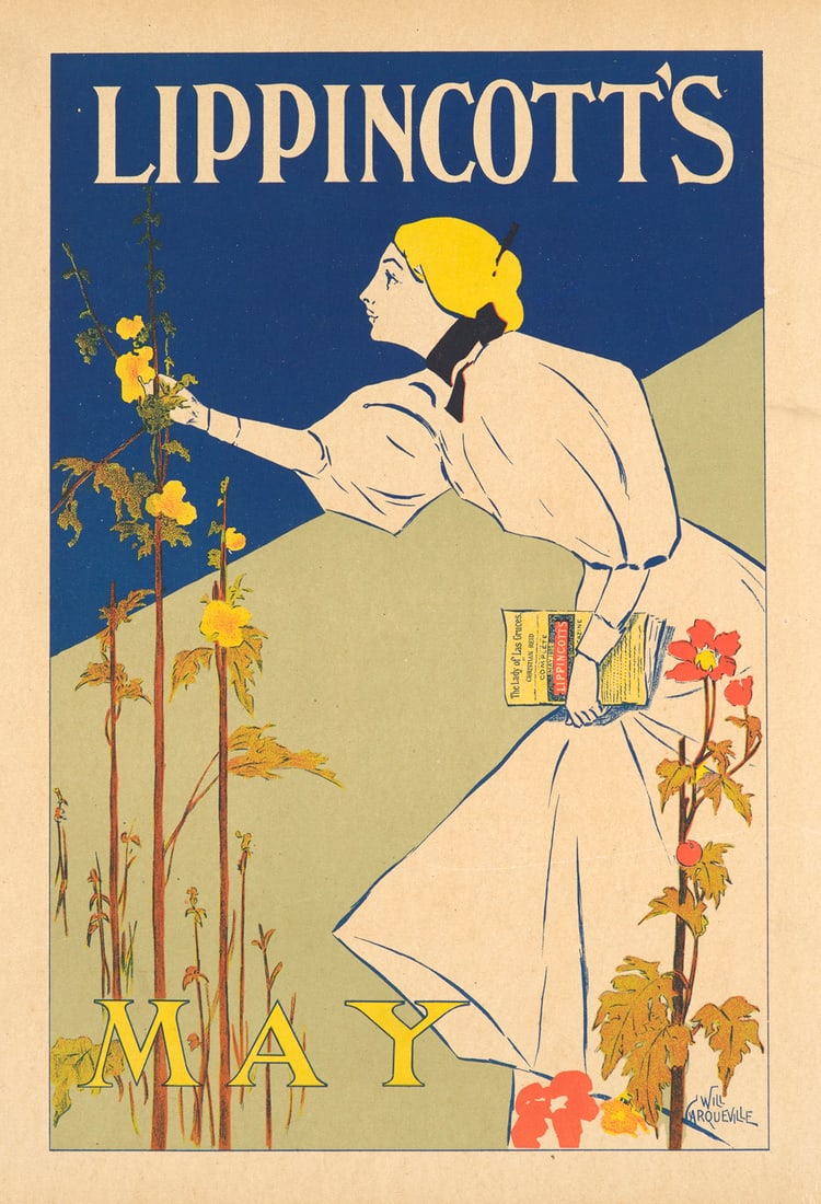 Carqueville, Will Lippincotts May. 1896. Chromolitographie. 40 x 29 cm. Im Stein signiert. Mit: PlakateCarqueville, WillLippincotts May. 1896. Chromolitographie. 40 x 29 cm. Im Stein signiert. Mit Blindstempel.Tafel 44 aus der Reihe Les Maitres de l'Affiche von Will Carqueville. Im Weißen R