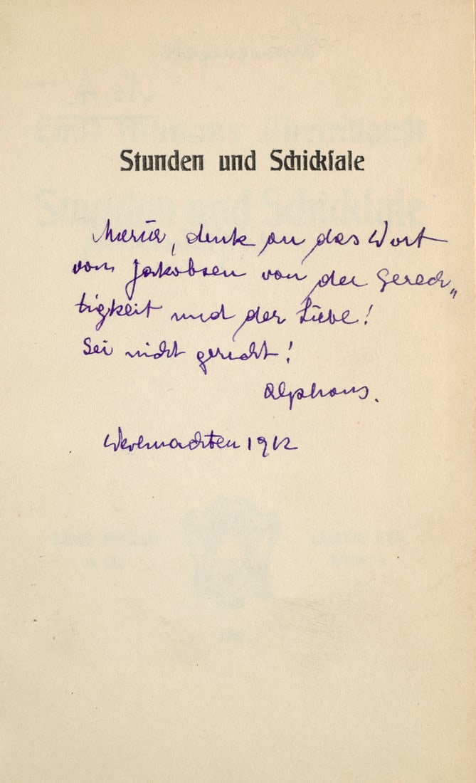 Rheinhardt, Emil Alphons Stunden und Schicksale. Leipzig und Wien, Heller, 1913. 8°. 104 S.: Rheinhardt, Emil AlphonsStunden und Schicksale. Leipzig und Wien, Heller, 1913. 8°. 104 S. OWildldr. mit goldgepr. RSchild (leicht fleckig und berieben).Erste Ausgabe des Erstlingswerks und numme