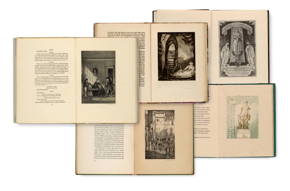 Sammlung von 6 illustrierten Werken mit Orig.-Grafiken von H. Steiner-Prag.: Steiner-Prag, Hugo Sammlung von 6 illustrierten Werken mit Orig.-Grafiken von H. Steiner-Prag.Enthält: Gobineau, A., Die Liebenden von Kandahar. Mit 3 rad. Vign. u. 6 sign. ORad. Berlin, 1923. Gr