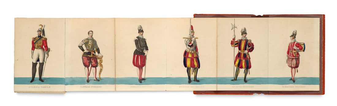 Mochetti, V. Costumi della Corte Pontificia. Leporello mit 1 gestochenen, kolorierten Titelblatt und (1 of 2)