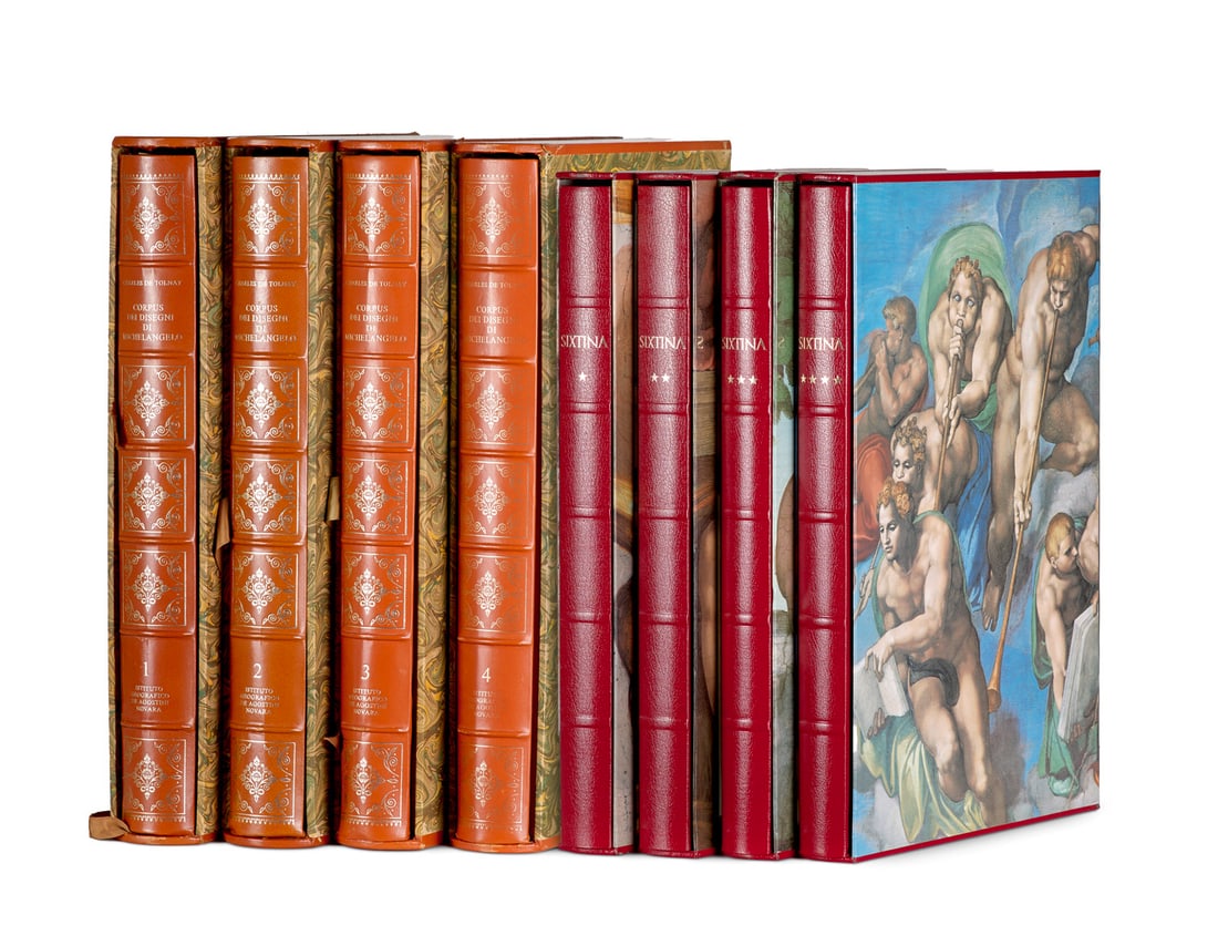 Sammlung von 2 vierbändigen Reihen zu Michelangelos Werk. Folio. In Schubern. (1 of 1)