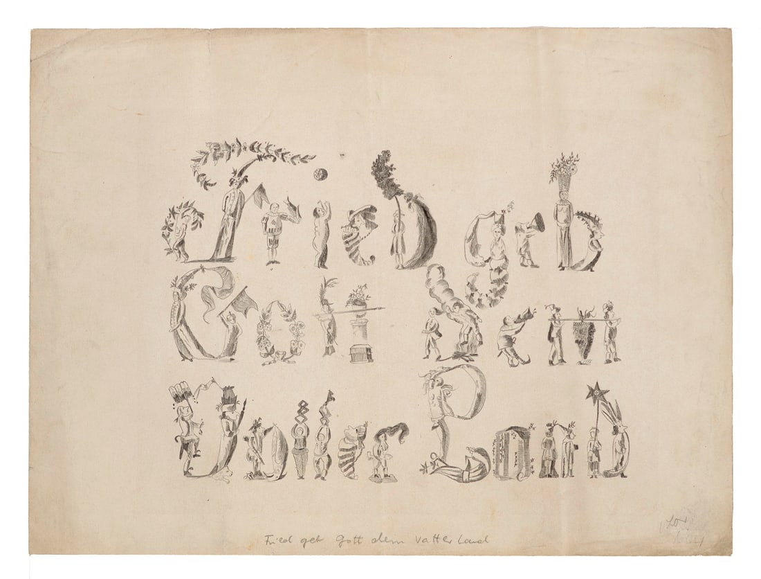 Deutsch, 18. Jahrhundert Figurenalphabet. Fried gib Gott dem Vaterland. Um 1790. Bleistift auf (1 of 1)