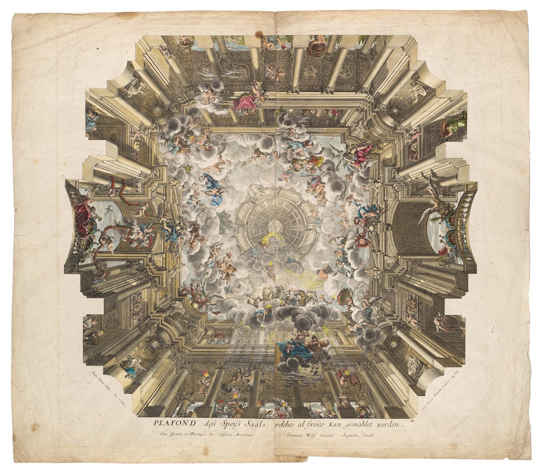 Decker, Paulus Plafond des Speß Saals, welches al fresco kan gemahlet werden. 1711.: Decker, PaulusPlafond des Speß Saals, welches al fresco kan gemahlet werden. 1711. Kupferstich, koloriert, auf zwei Blatt Bütten. 49,2 x 52 cm (52,8 x 60,3 cm). Mit der gestochenen Schrift "