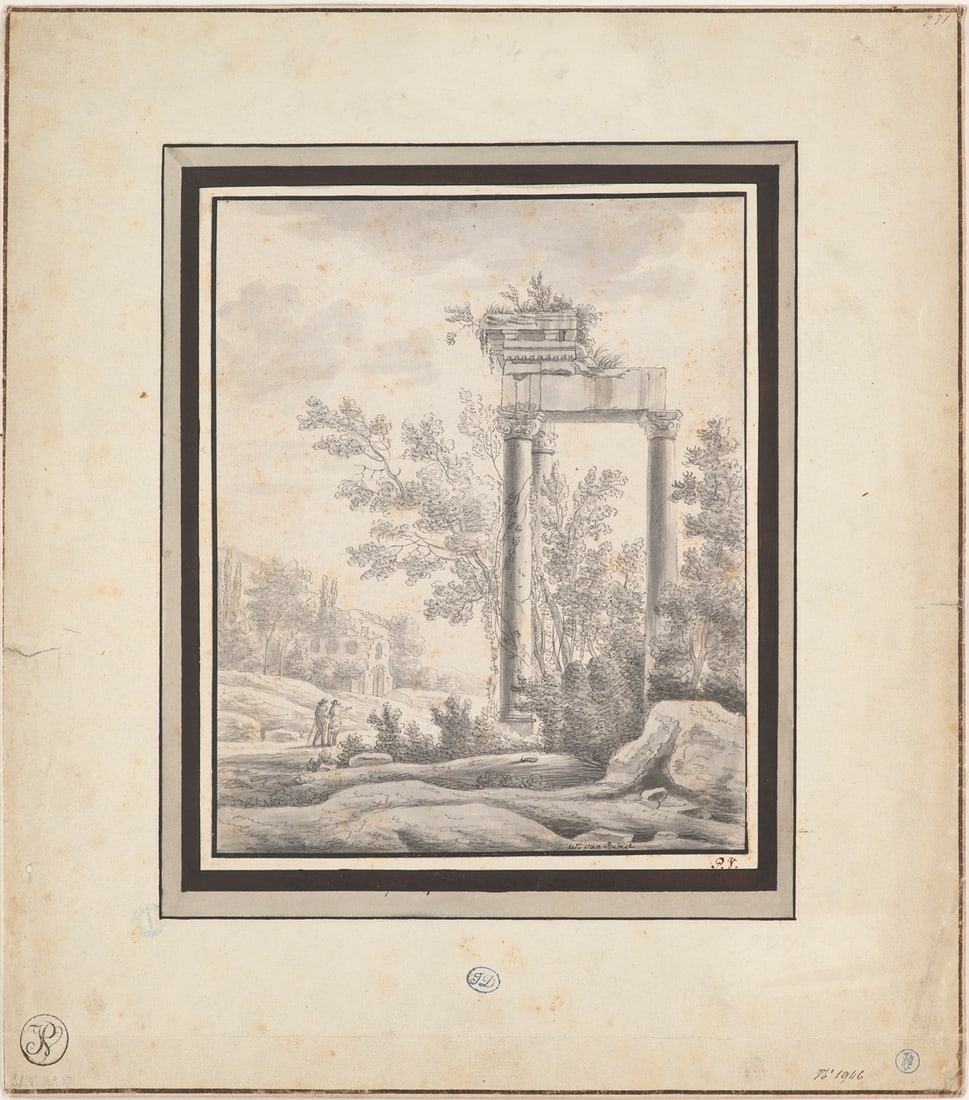 Bemmel, Willem van Landschaft mit Ruinen und zwei Wandersleuten. Lavierte Federzeichnung auf Papier, (1 of 2)