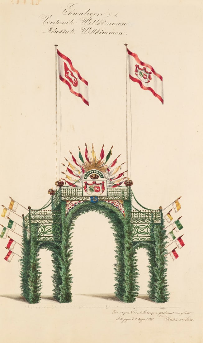 Hake, L. F. Entwurfszeichnungen für sechs Ehrenbögen in der Stadt Leer. 1857. (1 of 3)