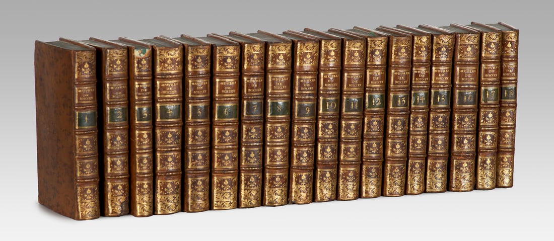 Bonnet, Charles Oeuvres d'histoire naturelle et de philosophie. 18 Bde. Mit 1 gestoch. Porträ: Botanik und ZoologieBonnet, CharlesOeuvres d'histoire naturelle et de philosophie. 18 Bde. Mit 1 gestoch. Porträtfrontispiz, 56 gefalt. Tafeln u. 2 gefalt. Tabellen. Neuchatel, Samuel Fauche,