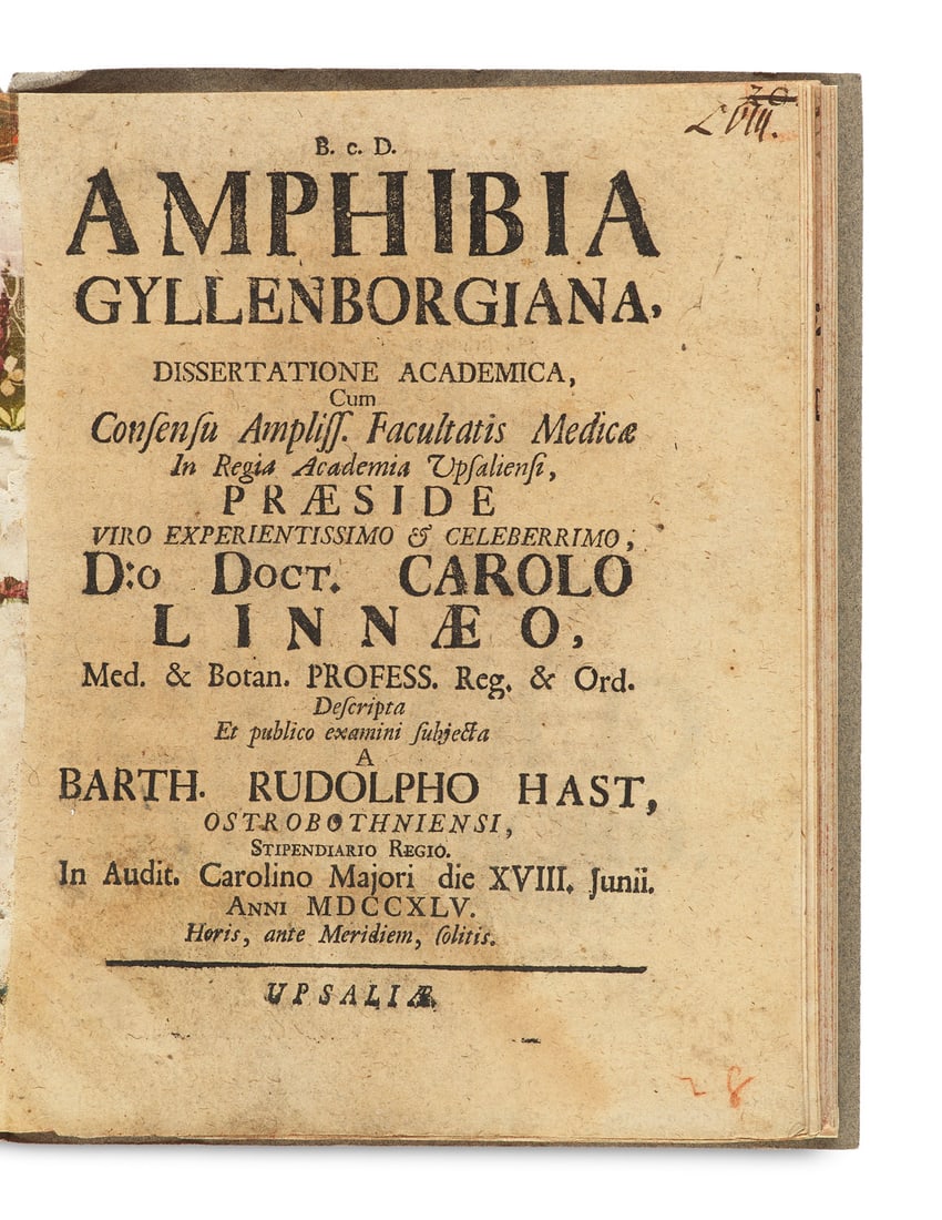 Linné, Carl von Amphibia Gyllenborgiana. Uppsala, o.V., 1745. 4 Bll., 34 S., 1 Bl. 8°. (1 of 1)