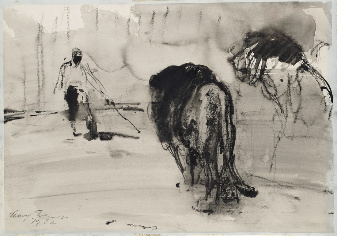 Wagner, Hansjörg Dompteur mit Löwen. 1972. Tusche, Aquarell und Kreide auf Velin, laviert. (1 of 1)