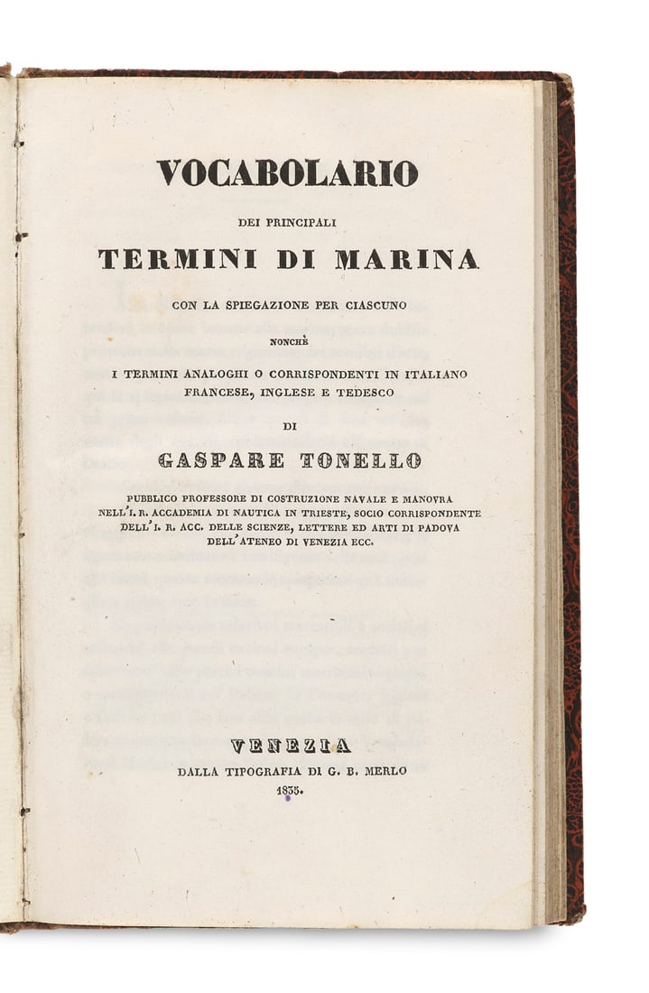 Tonello, Gaspare Vocabolario dei principali termini di marina. Con la spiegazione per ciascuono (1 of 2)