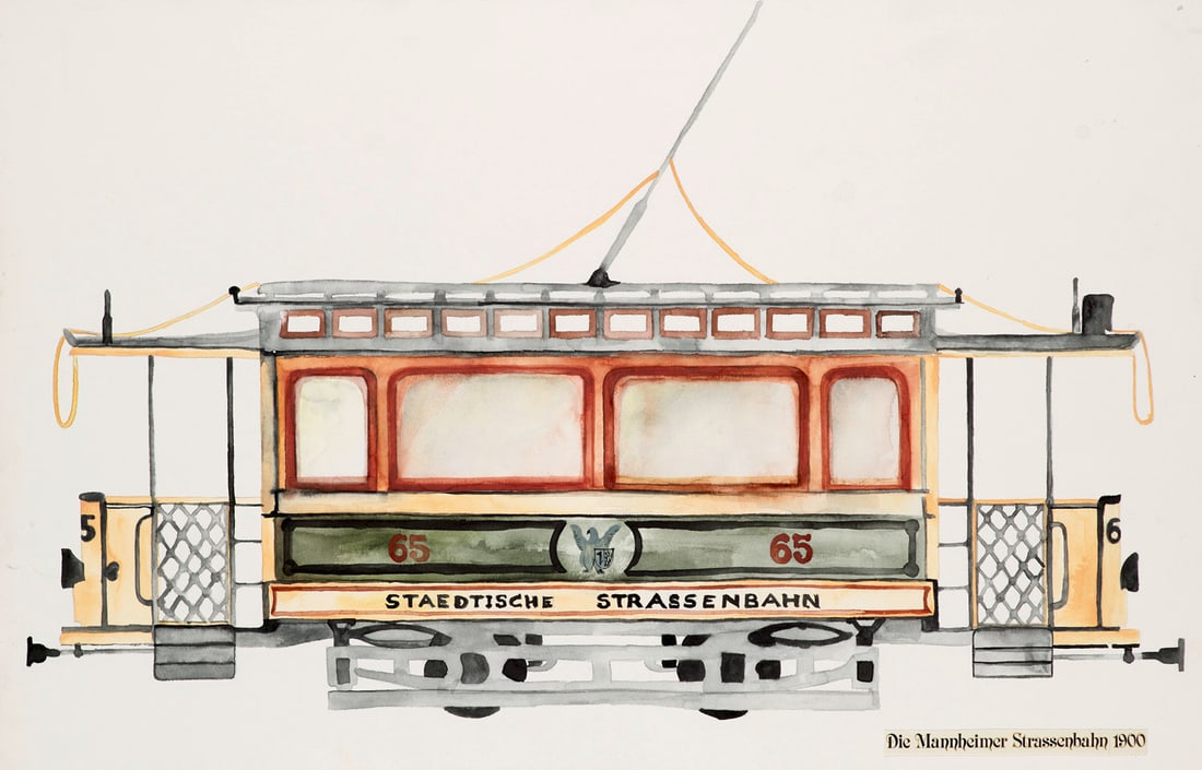 2 Entwurfszeichnungen für die Straßenbahn Mannheim. Um 1980. Je Aquarell auf genarbtem (1 of 2)