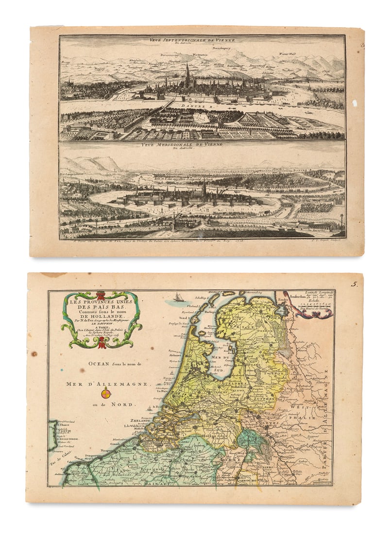 de Fer, Nicolas Sammlung von 30 (14 kol.) Landkarten, Plänen und Grundrissen (wohl) aus Atlas: Atlantende Fer, NicolasSammlung von 30 (14 kol.) Landkarten, Plänen und Grundrissen (wohl) aus Atlas curieux, 1705. Quer-4°. Lose Bll.Enthält 14 kolorierte Landkarten und Pläne, u.