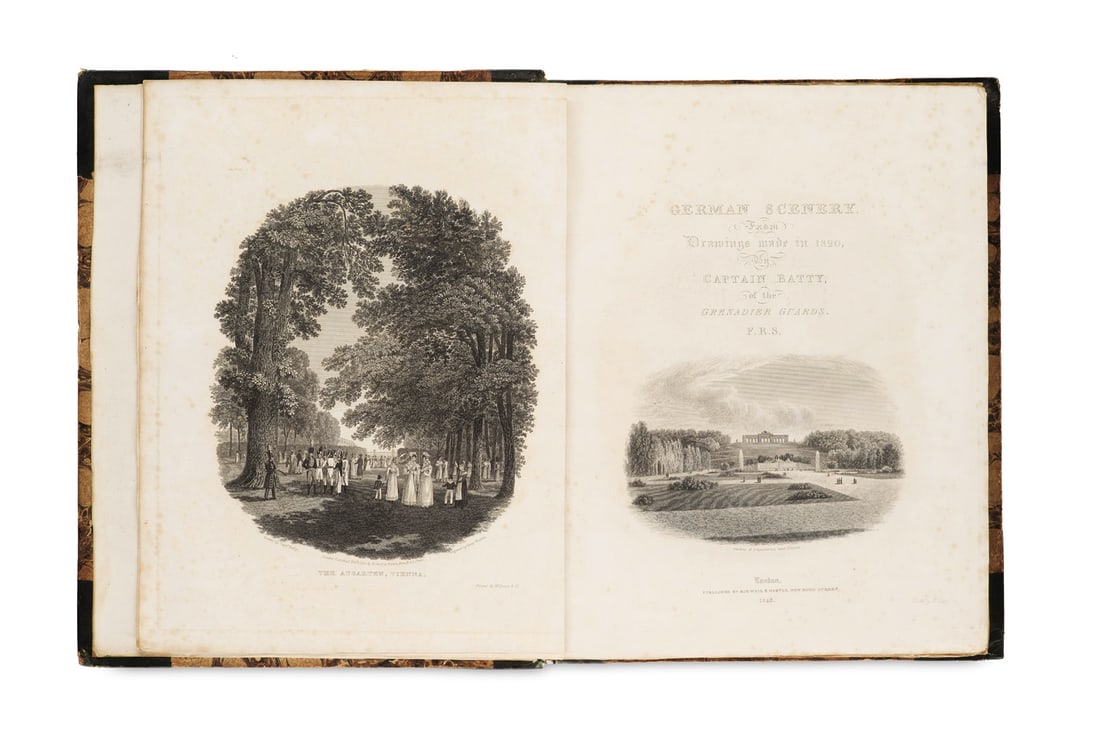 Batty, Robert German Scenery. From Drawings made in 1820. Mit gestoch. Titelvign. u. 60: Europa - DonauBatty, RobertGerman Scenery. From Drawings made in 1820. Mit gestoch. Titelvign. u. 60 Stahlstichtafeln u. 1 ganzseit. Schlußvign. London, Rodwell & Martin, 1823., 65 Bll. HLdr. d. 