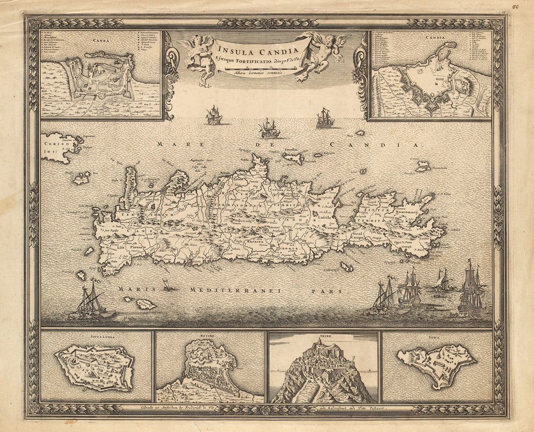 de Wit, Frederick Insula Candia ejusque Fortficatio. Um 1680. Kupferkarte auf Bütten. 46 x 55: Griechenlandde Wit, FrederickInsula Candia ejusque Fortficatio. Um 1680. Kupferkarte auf Bütten. 46 x 55 cm.Zacharakis (2. Aufl.), Nr. 2392. - Der Titel am oberen Bildrand ist flankiert von zwei 