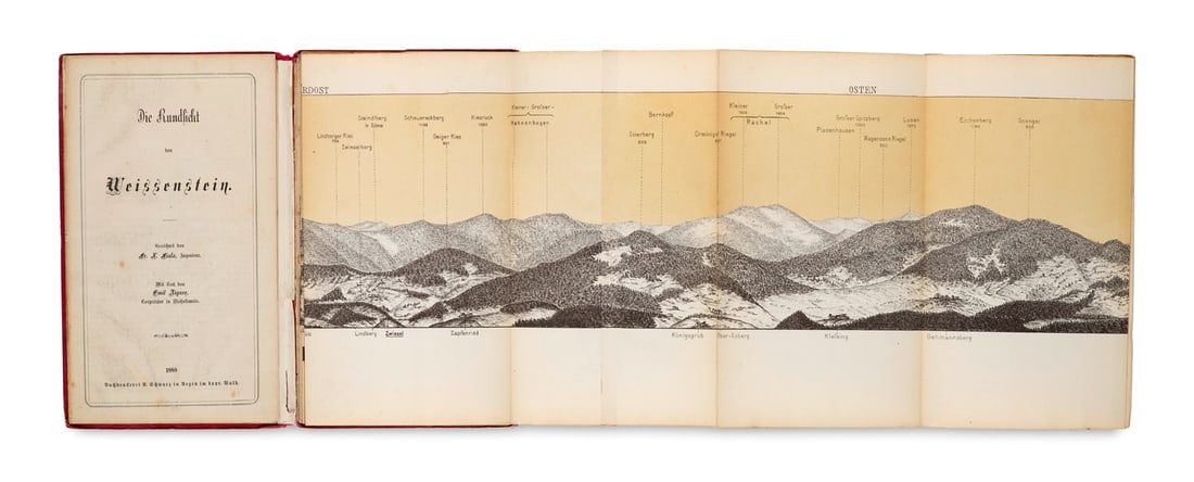 Fiala, Franz X. Rundsicht von der Burgruine Weissenstein bei Regen. Mit einem lithographischen: BayernFiala, Franz X.Rundsicht von der Burgruine Weissenstein bei Regen. Mit einem lithographischen Leporello des Panoramas und einer Photographie der Burg. Regen, Schwarz, 1880. 42 S. 8°. Rote L