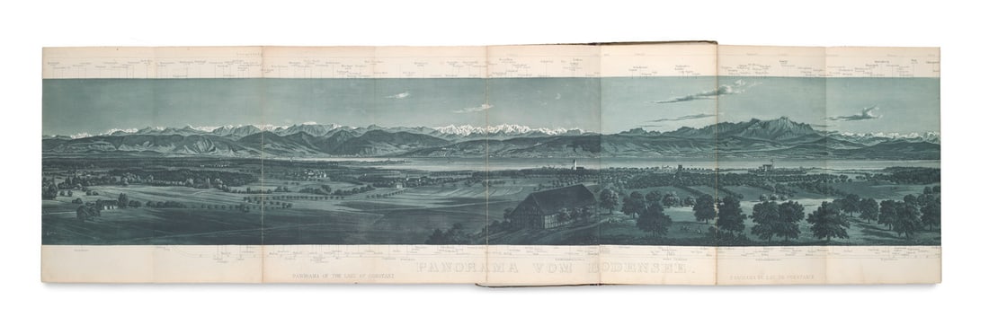 Beck, Theophil Panorama des Bodensee's und der Alpenkette von Friedrichshafen aus gesehen. Konstanz,: Deutschland - Baden-Württemberg - BodenseeBeck, TheophilPanorama des Bodensee's und der Alpenkette von Friedrichshafen aus gesehen. Konstanz, Wilhelm Meck, o.J (19. Jahrhundert). Aquatinta und St