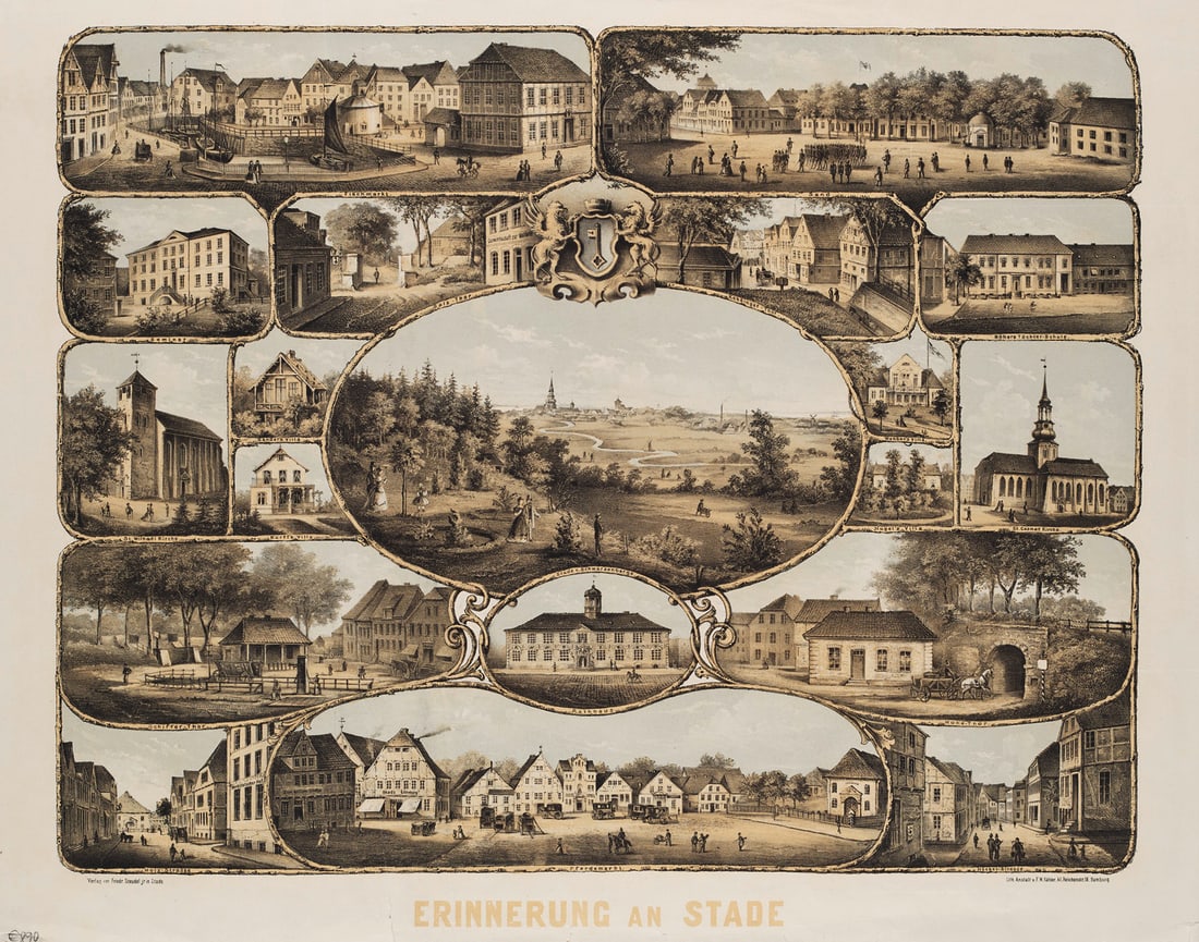 Erinnerung an Stade. Chromolithographie. Stade, Friedrich Steudel, um 1860. 50 x 64 cm. Unterhalb (1 of 1)