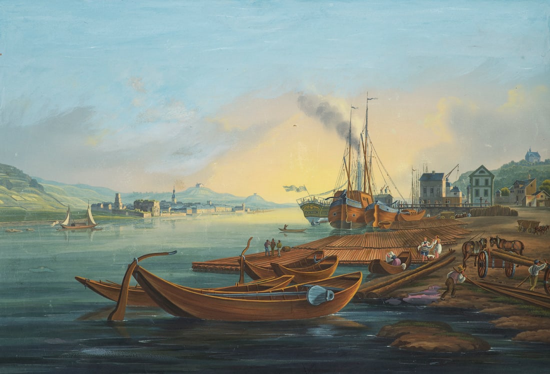 Ansicht des Rheinufers. Um 1820. Gouache auf Papier, ganzflächig kaschiert auf Malkarton. 43,5 (1 of 1)