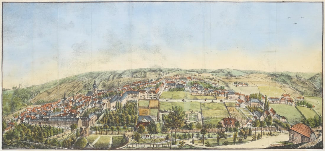 Hilverkus, J. C. Ansicht der Stadt Elberfeld. Ca. 1830. Farblithographie auf Velin. Ca. 28 x 47 cm. (1 of 1)
