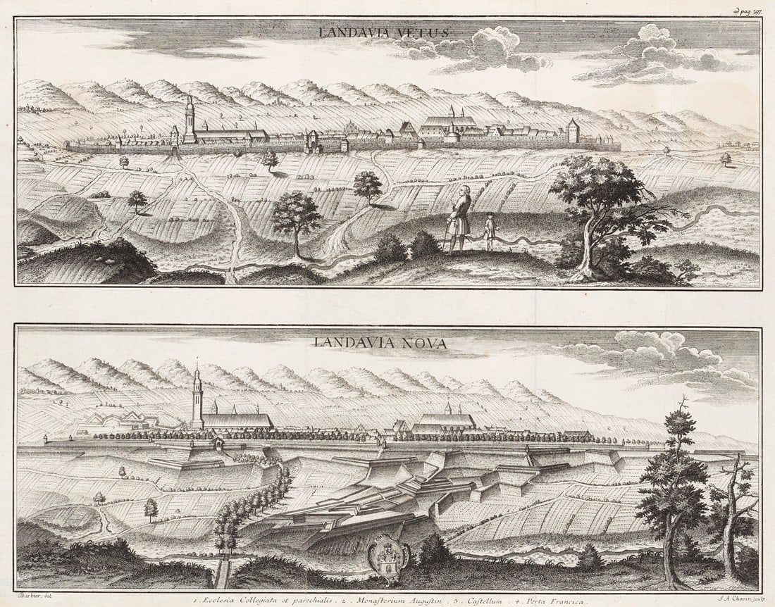 Chovin, Jacques-Anthony Landavia Vetus - Landavia Nova. 2 Kupferstich Ansichten von Landau auf einem (1 of 1)