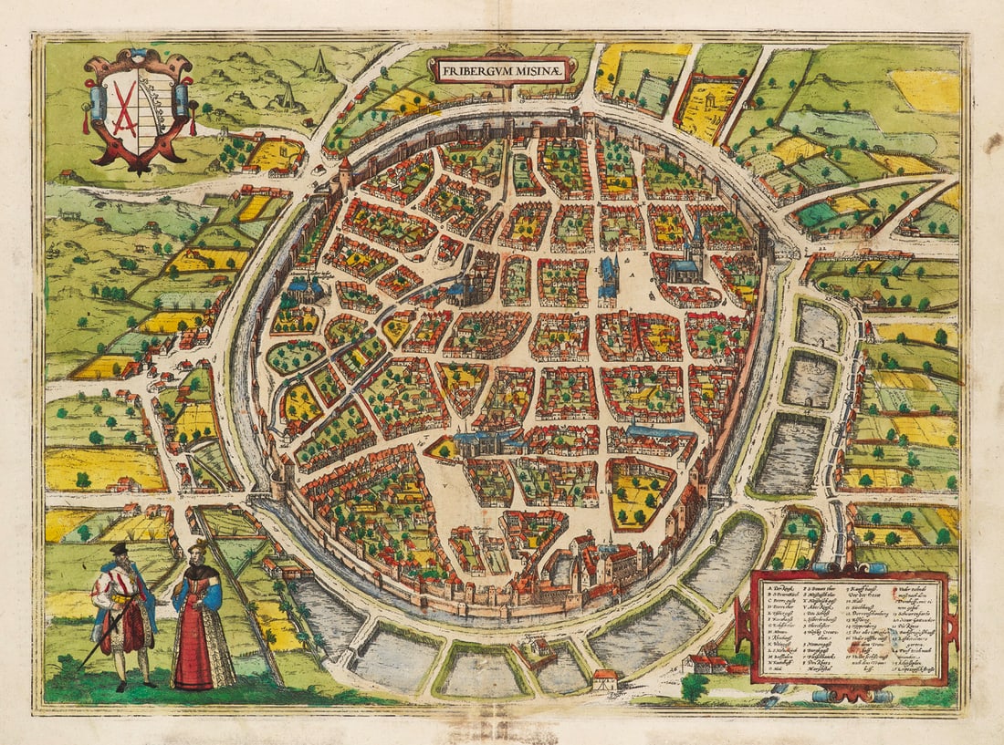 Braun u. Hogenberg Fribergum Misinae. Kolorierter Kupferstich mit der Ansicht von Freiberg in (1 of 1)