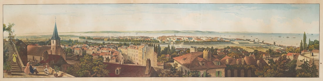Martens, Frédéric Panorama du Havre-de-Grace pris de la côte d'Ingouville.: FrankreichMartens, FrédéricPanorama du Havre-de-Grace pris de la côte d'Ingouville. Farbaquatintaradierung. (Paris, Rittner & Goupil, um 1840.) 21,3 x 91,2 cm (30,5 x 96,1 cm). Mit alte