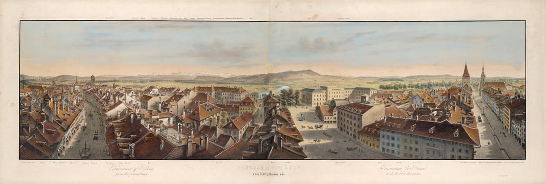 Panorama of Berne, from the Prisontower. Panorama von Bern, vom Käfigthurm aus. Panorame de: Schweiz - Bern Panorama of Berne, from the Prisontower. Panorama von Bern, vom Käfigthurm aus. Panorame de Berne, vue de la Tour des prisons. Um 1860. Kolorierte Lithographie. 34 x 124 cm (45 x 1
