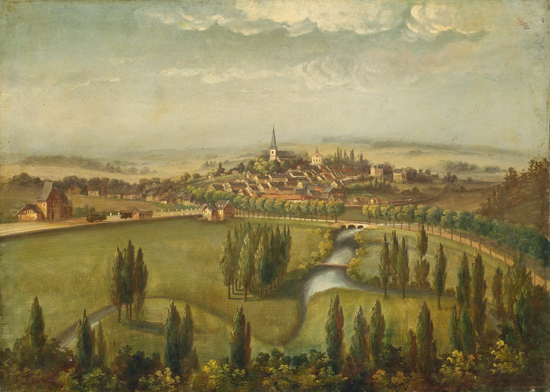 Stadtansicht mit Eisenbahn. Um 1900. Öl auf Leinwand. 47,7 x 66 cm. (1 of 1)