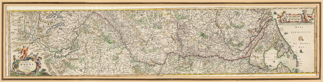 De Wit, Frederick Totius Fluminis Rheni Novissima. Um 1670. Colorierter Kupferstich, aus zwei: Deutschland - RheinlaufkartenDe Wit, FrederickTotius Fluminis Rheni Novissima. Um 1670. Colorierter Kupferstich, aus zwei Platten zusammengesetzt. 104 x 32 cm. Mit allegorischer Kartusche und maritime