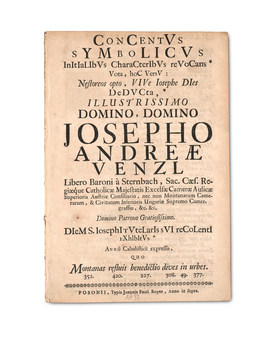 Venzl, Joseph Andreas Concentus Symbolicus initialibus characteribus revocans vota, hoc VersV: (1 of 1)