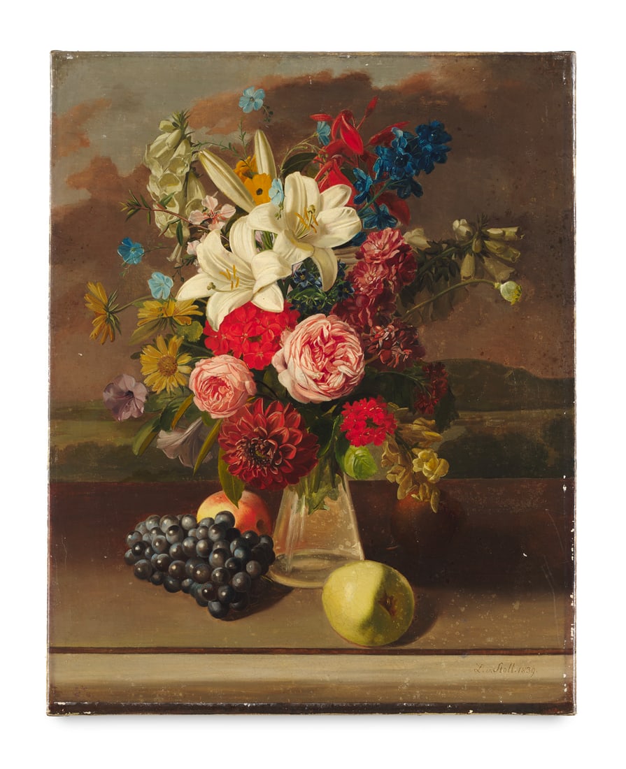 von Stoll, Leopold Blumenstillleben mit Lilien, Rosen, Dahlien, Fingerhut und Trauben. 1839. Öl (1 of 1)