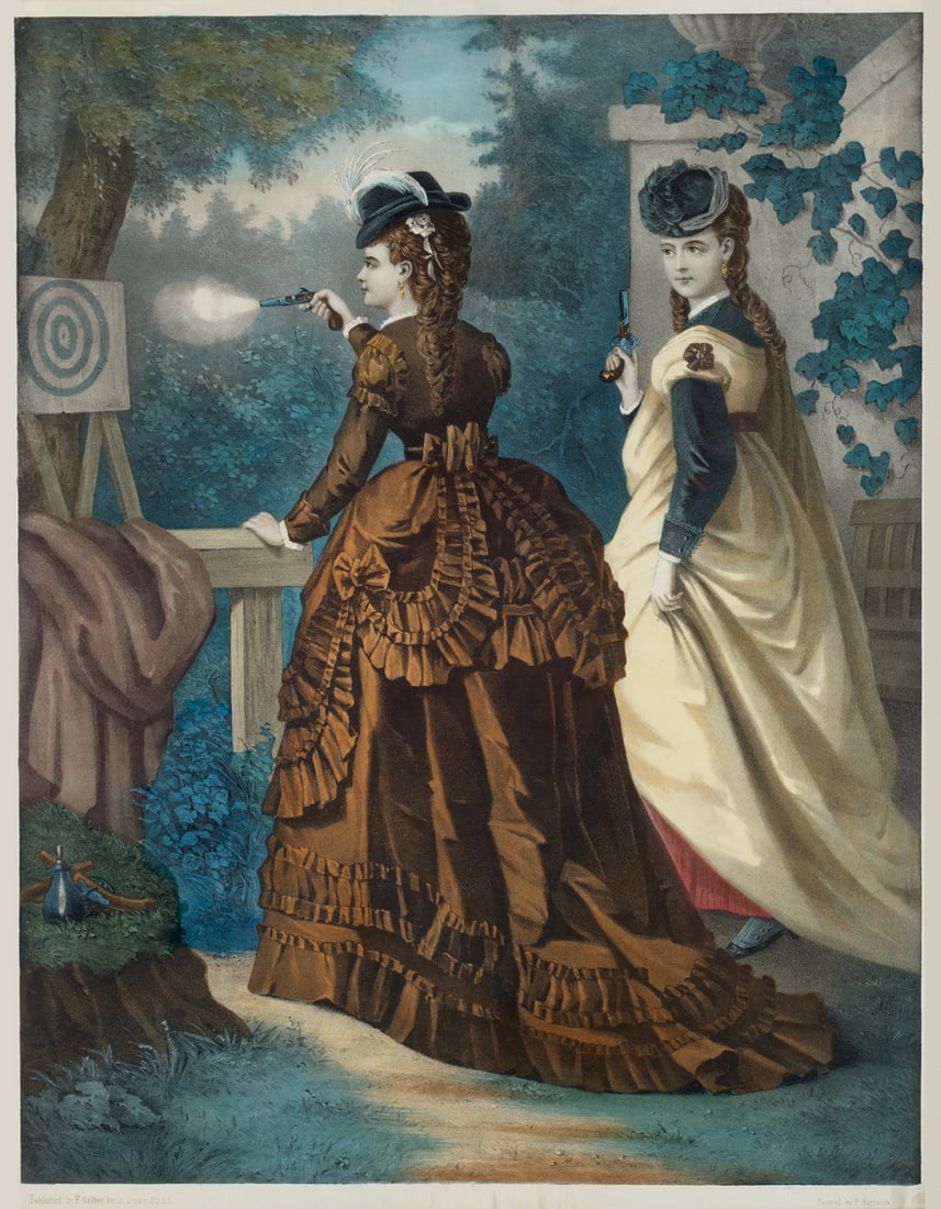 Hartwich, F. Zwei Frauen am Schießstand. Um 1870. Farblithographie auf Velin. 55 x 43 cm (60 x (1 of 1)